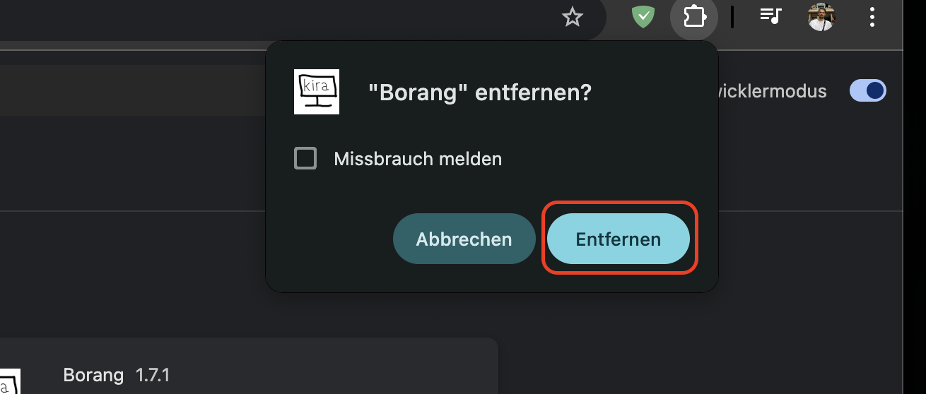 Google Chrome in macOS Monterey zeigt an, dass eine Erweiterung entfernt wird. Klicken Sie auf Entfernen, um Ihren Vorgang zu bestätigen.