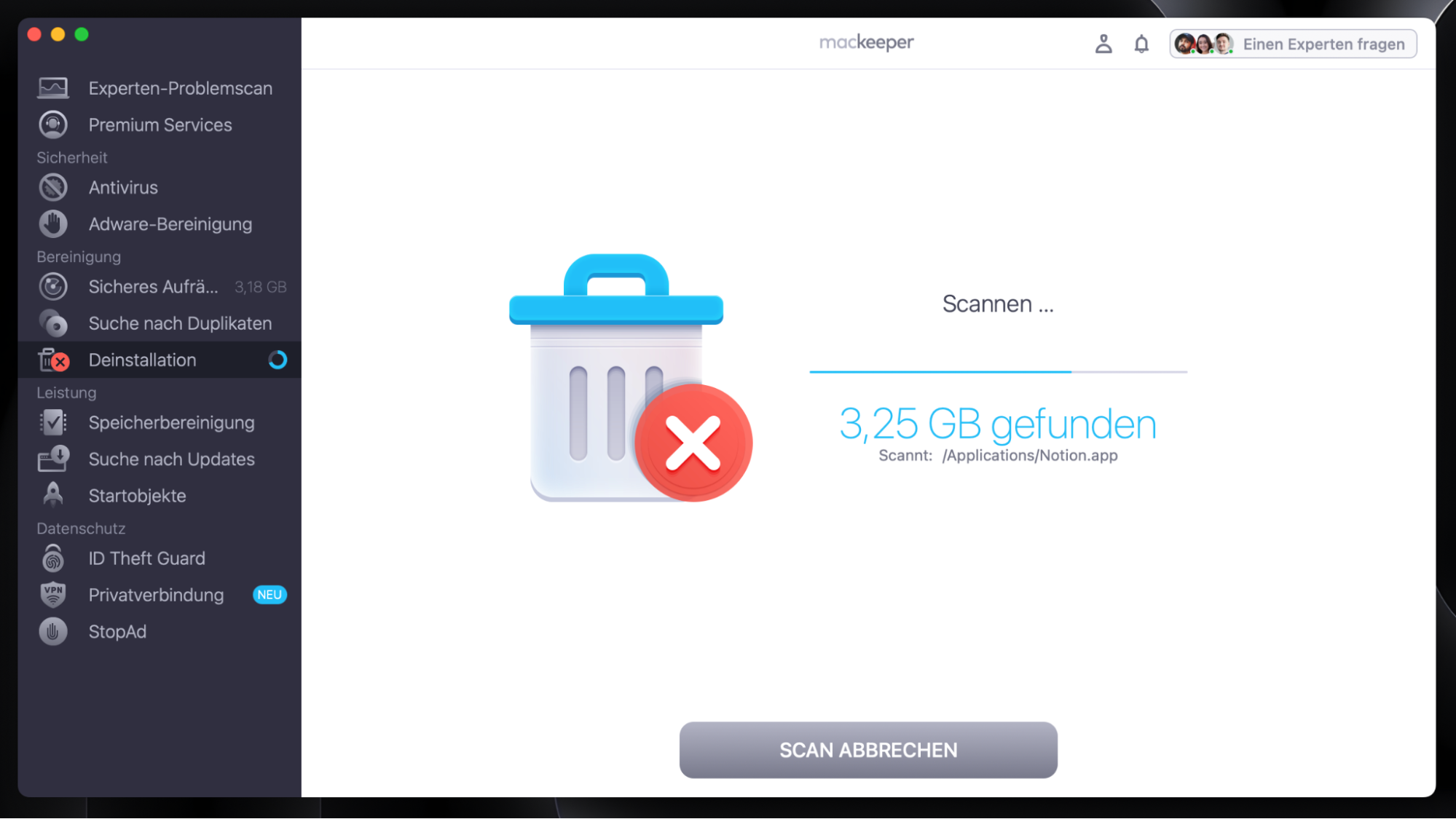 Das intelligente Deinstallationsprogramm von MacKeeper führt derzeit eine Überprüfung Ihres Mac durch. Bitte warten Sie, bis die Überprüfung abgeschlossen ist.