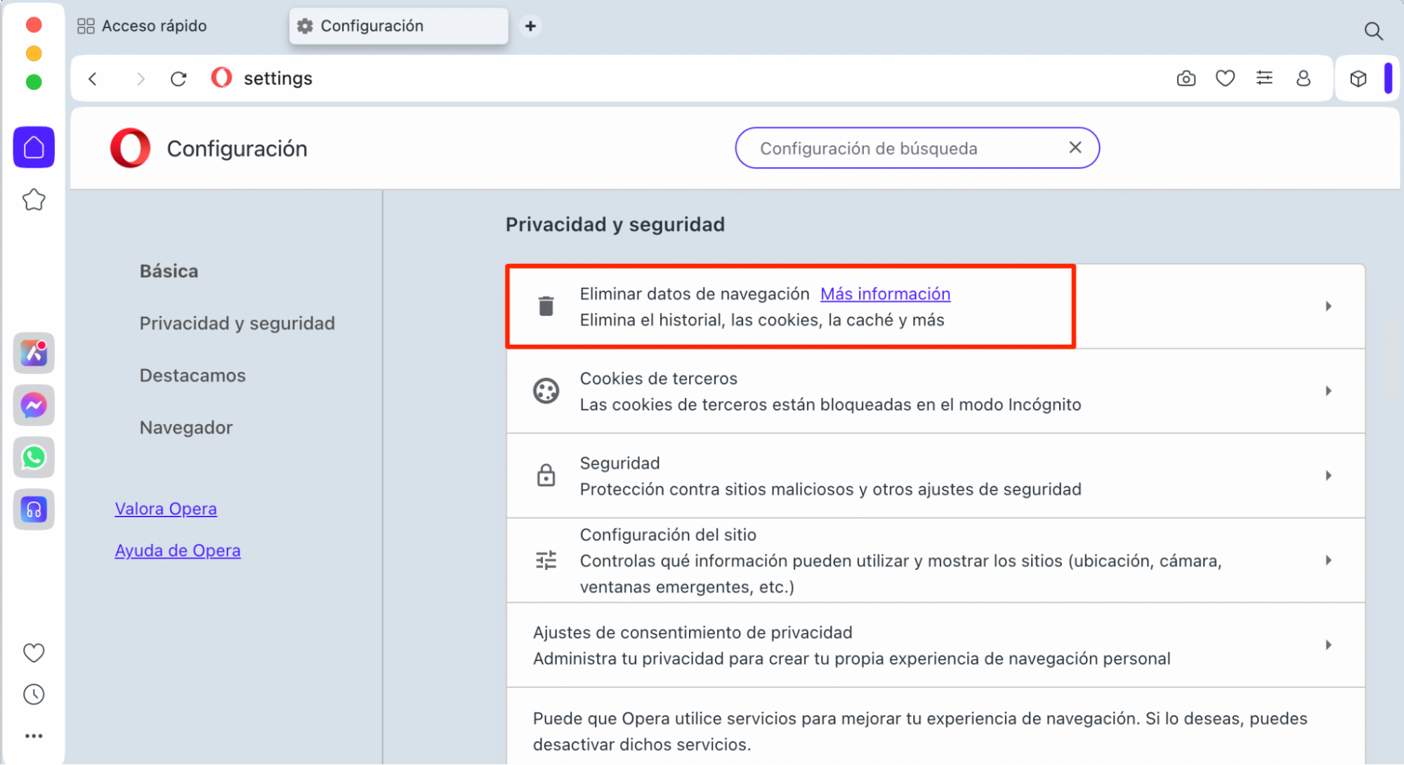 Configuración de privacidad y seguridad de Opera, con la opción Borrar datos de navegación resaltada. Cómo arreglar servicio de cuentas quiere acceder al llavero de inicio de sesión.