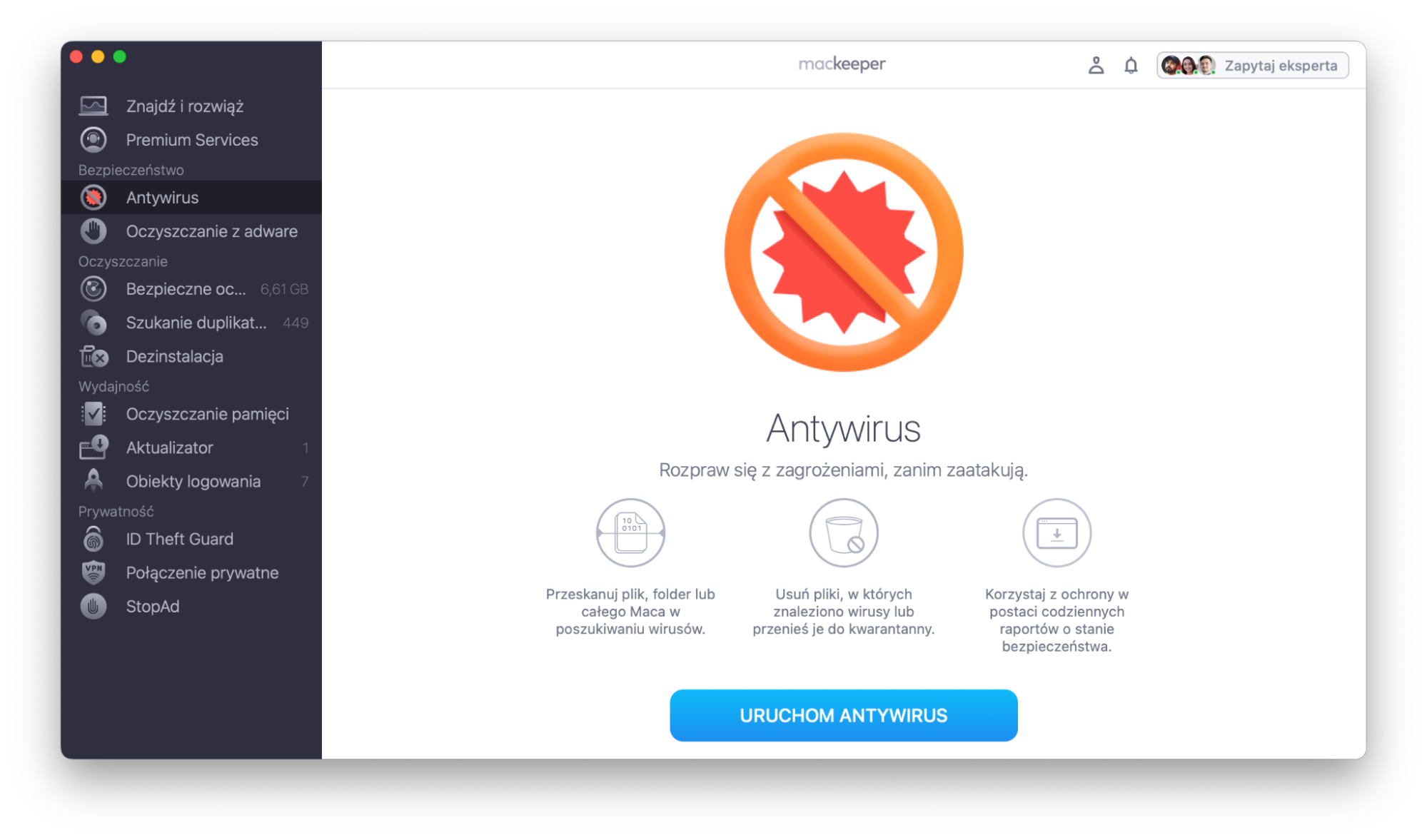 MacKeeper Antywirus oferuje zarówno skanowanie w czasie rzeczywistym, jak i na żądanie. Aby rozpocząć skanowanie, otwórz narzędzie, a następnie kliknij przycisk Uruchom antywirus.