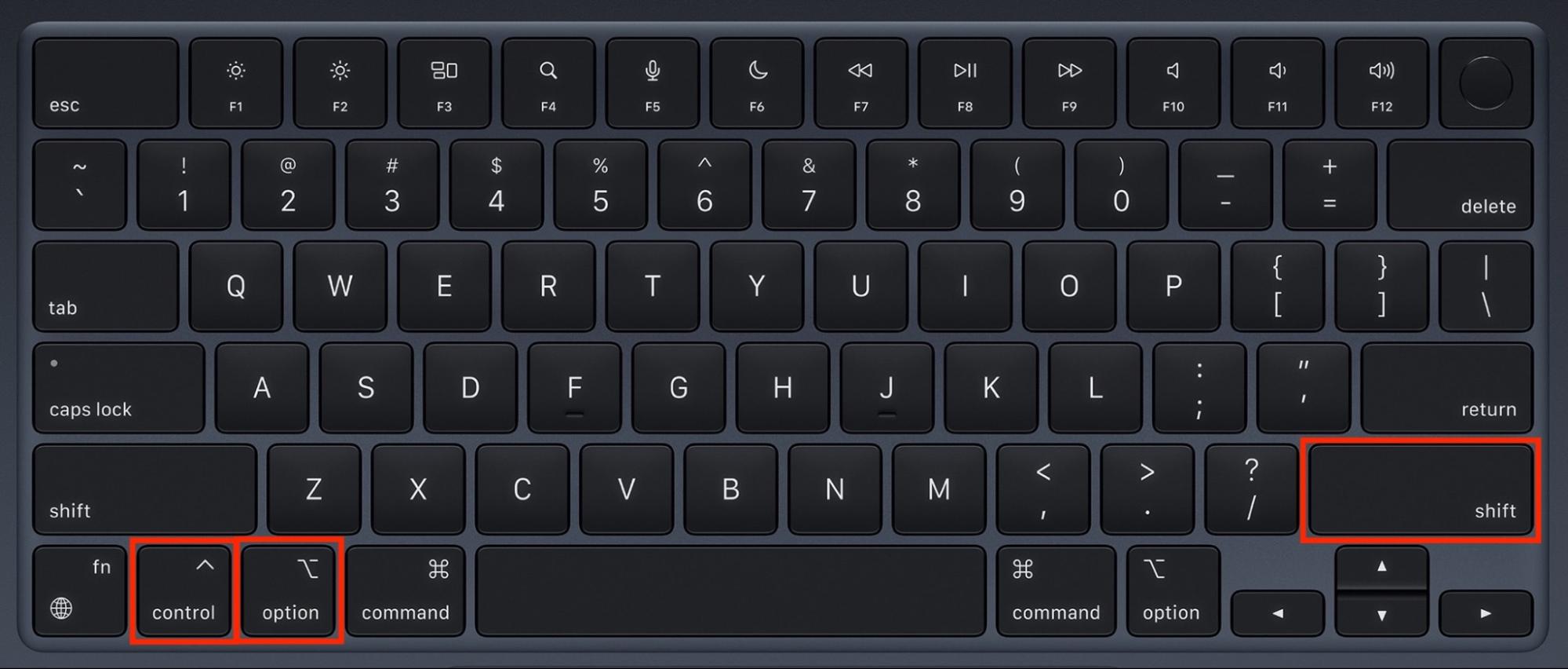 A MacBook keyboard showing which keys should be held to reset the SMC on Mac. You can perform this process to fix certain system errors, including issues with the suggestd process.