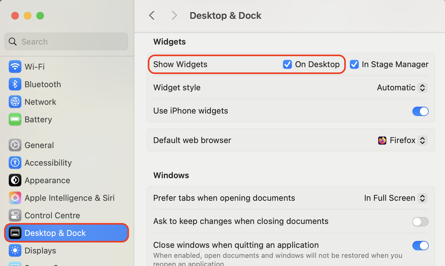 Open System Settings on your Mac, click Desktop and Dock, scroll to Widgets, and toggle off Show Widgets on Desktop to remove all panels at once.