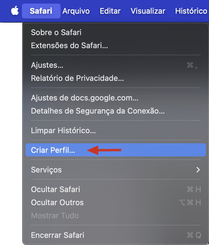 O menu Safari no Mac com uma lista de opções. Clique em Criar Perfil para configurar um novo perfil de usuário.
