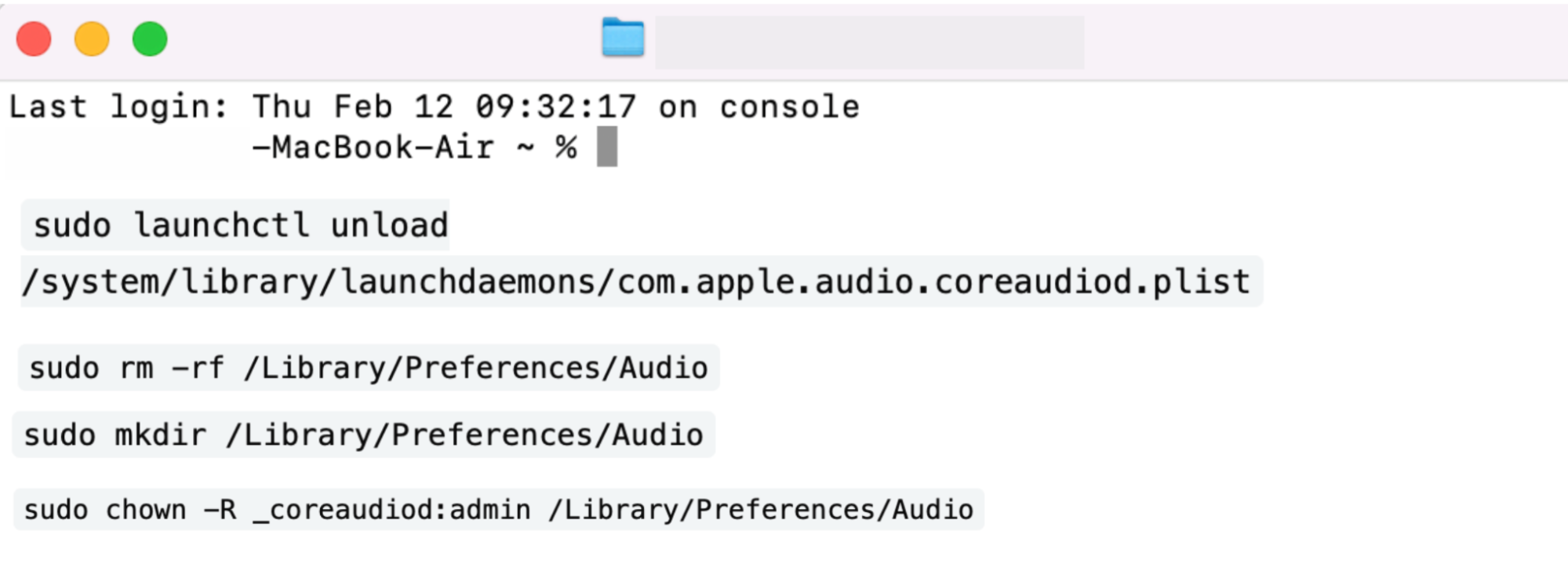 When those have been recreated, they need to be linked back to coreaudio so it can read/write them. To do that, enter this command: sudo chown -R _coreaudiod: admin /Library/Preferences/Audio.
