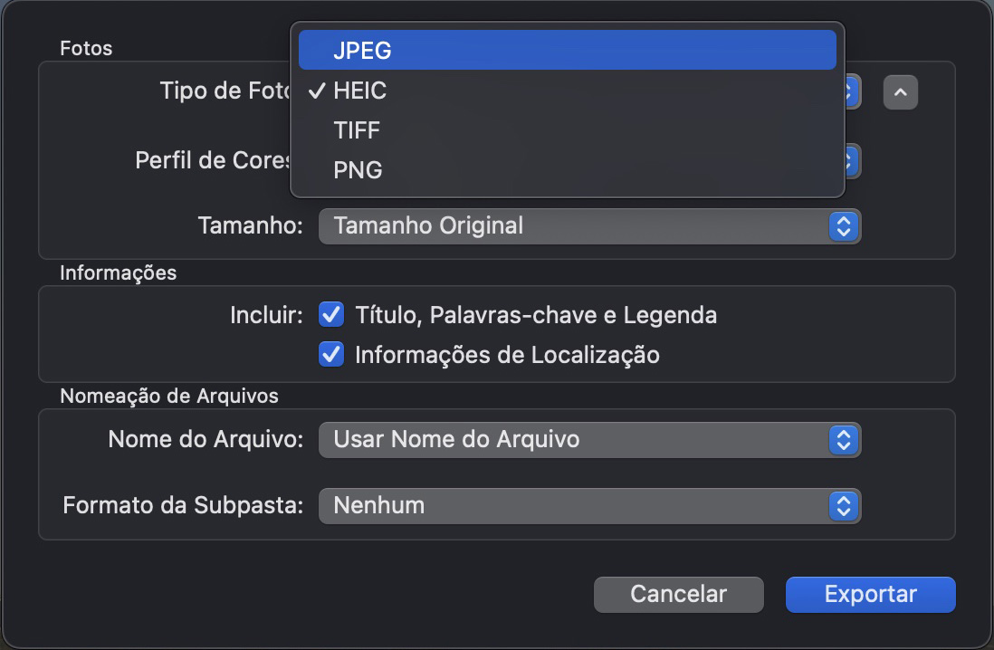 Para converter várias imagens de uma só vez, você pode usar Arquivo > Exportar e mudar os nomes das suas fotos. Além disso, você pode ajustar várias outras configurações, como formatos de subpasta.