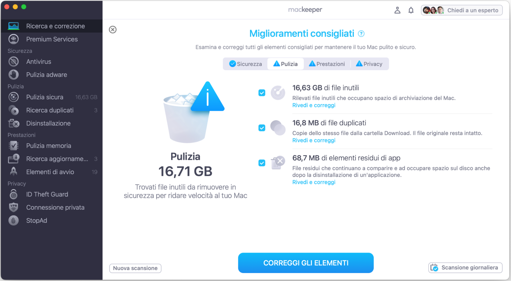 MacKeeper è una delle migliori app di terze parti disponibili. Al termine della scansione di Ricerca e Correzione, fai clic sul pulsante Correggi gli elementi e goditi un Mac con prestazioni migliori.