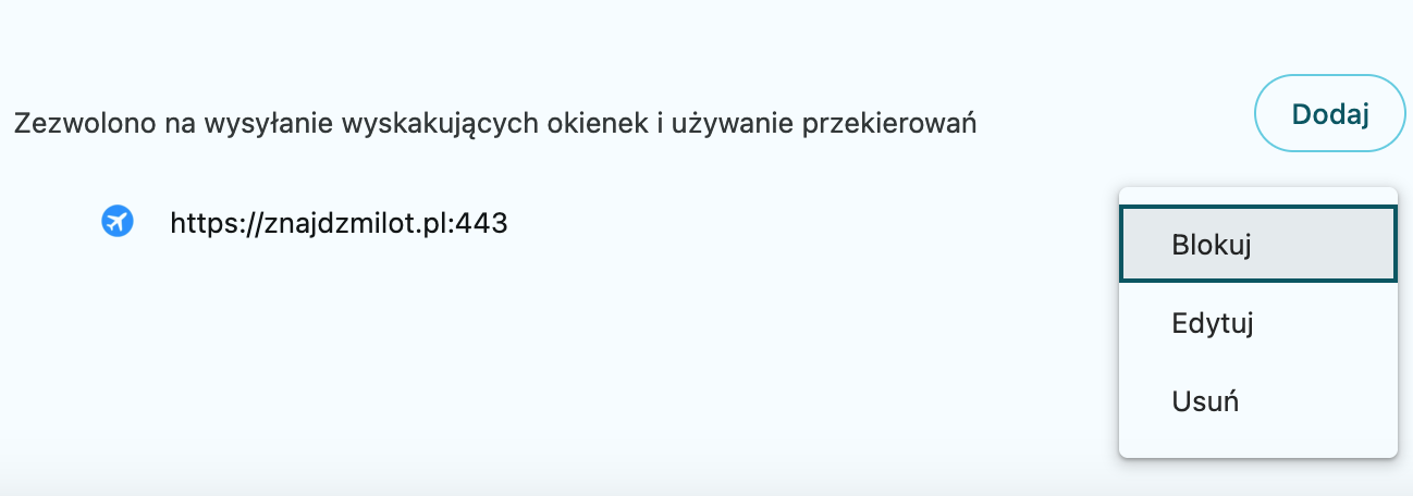 Przejrzyj listę witryn i znajdź tę, dla której chcesz zmienić ustawienia. Kliknij trzy kropki, a następnie wybierz Zablokuj. Wyskakujące okienka i przekierowania zostaną zablokowane.