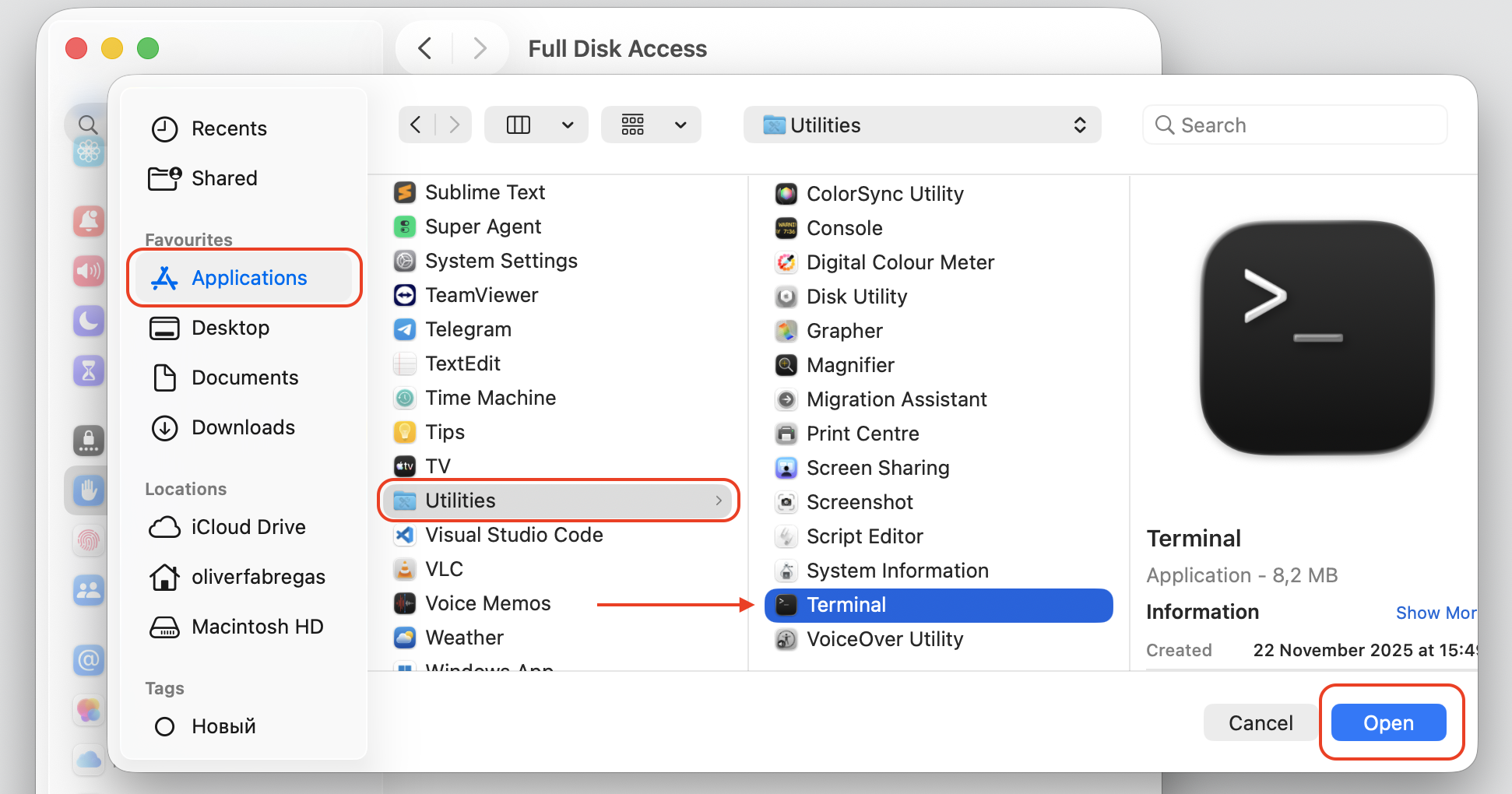 Finder Applications window on macOS browsing Utilities to pick Terminal, with the Open button ready to add it to Full Disk Access.