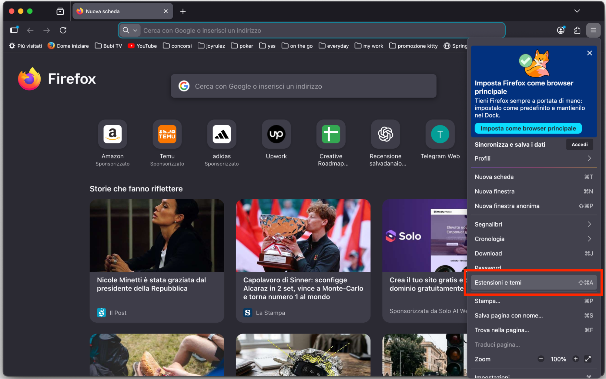 Per trovare e rimuovere le estensioni da Firefox sul tuo dispositivo Apple, fai clic sul menu hamburger del browser e individua Estensioni e temi nell’elenco a discesa.