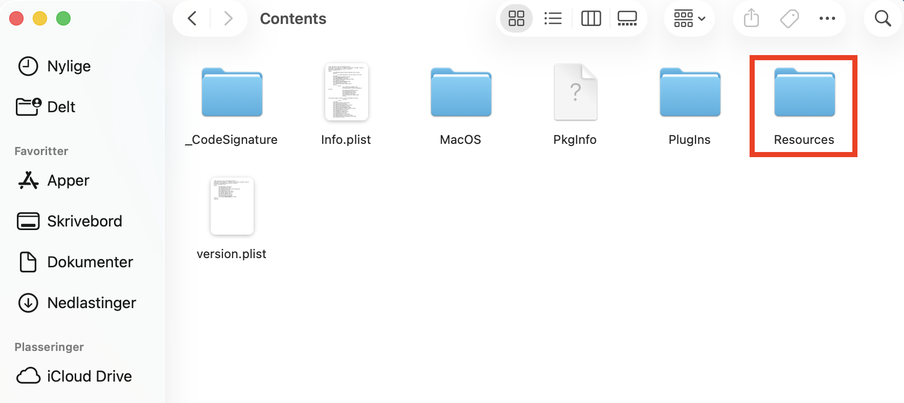 Contents-mappen for et program installert på Mac. Du finner ubrukte språkfiler i mappen Resources, og disse kan slettes for å frigjøre plass på Mac.