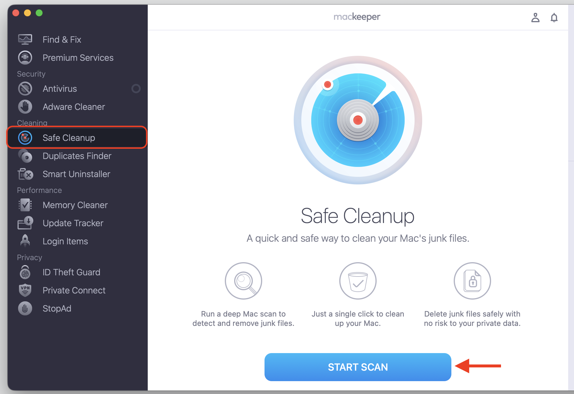 MacKeeper's Safe Cleanup window on a MacBook, with Safe Cleanup chosen in the sidebar and the Start Scan button clicked to clear old junk files.