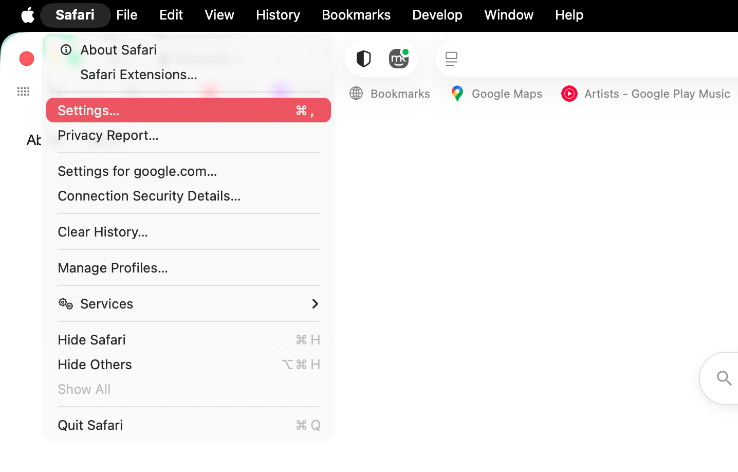 Clearing your Safari browser cache can help with VTDecoderXPCService problems. Start by selecting Safari > Settings from your Safari menu bar.