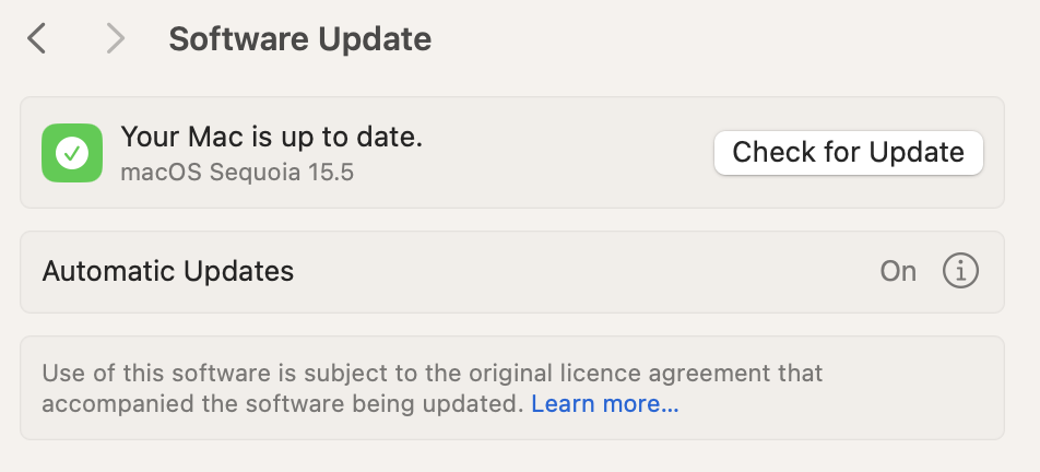 In the next page, you'll see an option to check for an update. Click on this. If your version of macOS is older, your device may automatically check for an update instead.