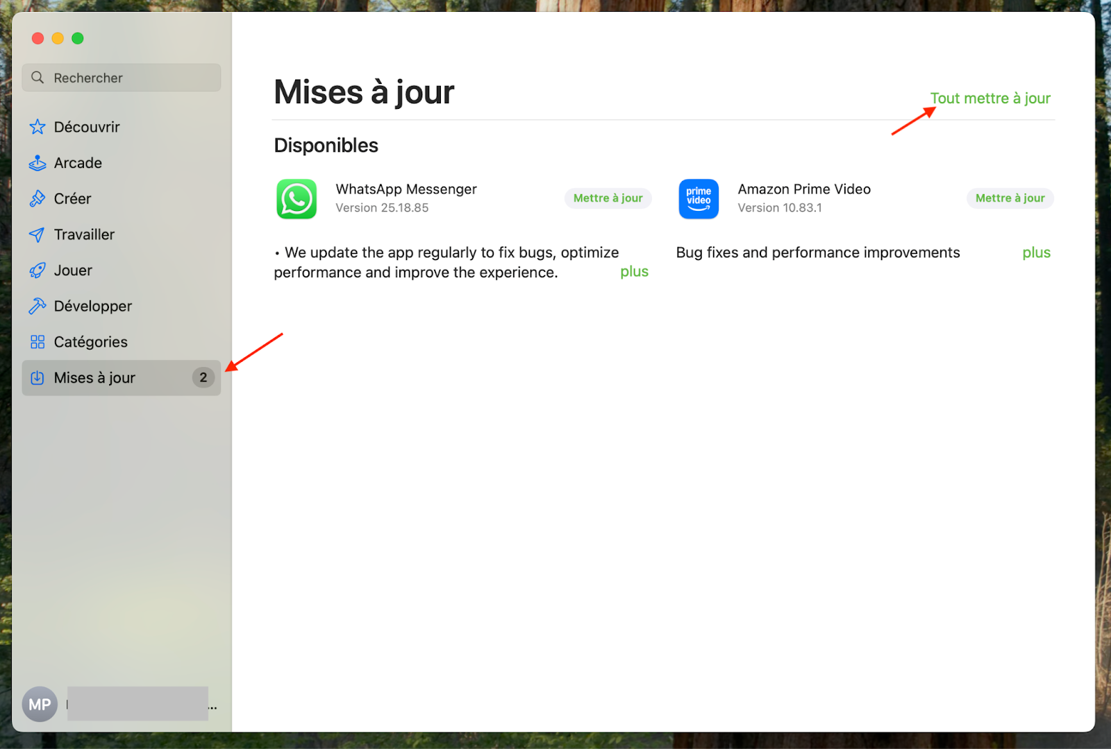 La section des mises à jour se trouve dans l'App Store sur macOS Monterey. Cliquez sur Tout mettre à jour pour télécharger les mises à jour de toutes les applications installées.