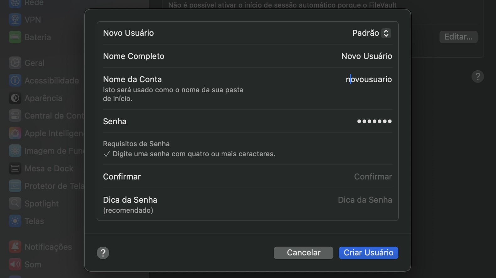 Insira todos os detalhes da nova conta de usuário do macOS, incluindo nome, senha e dica de senha, se desejar.