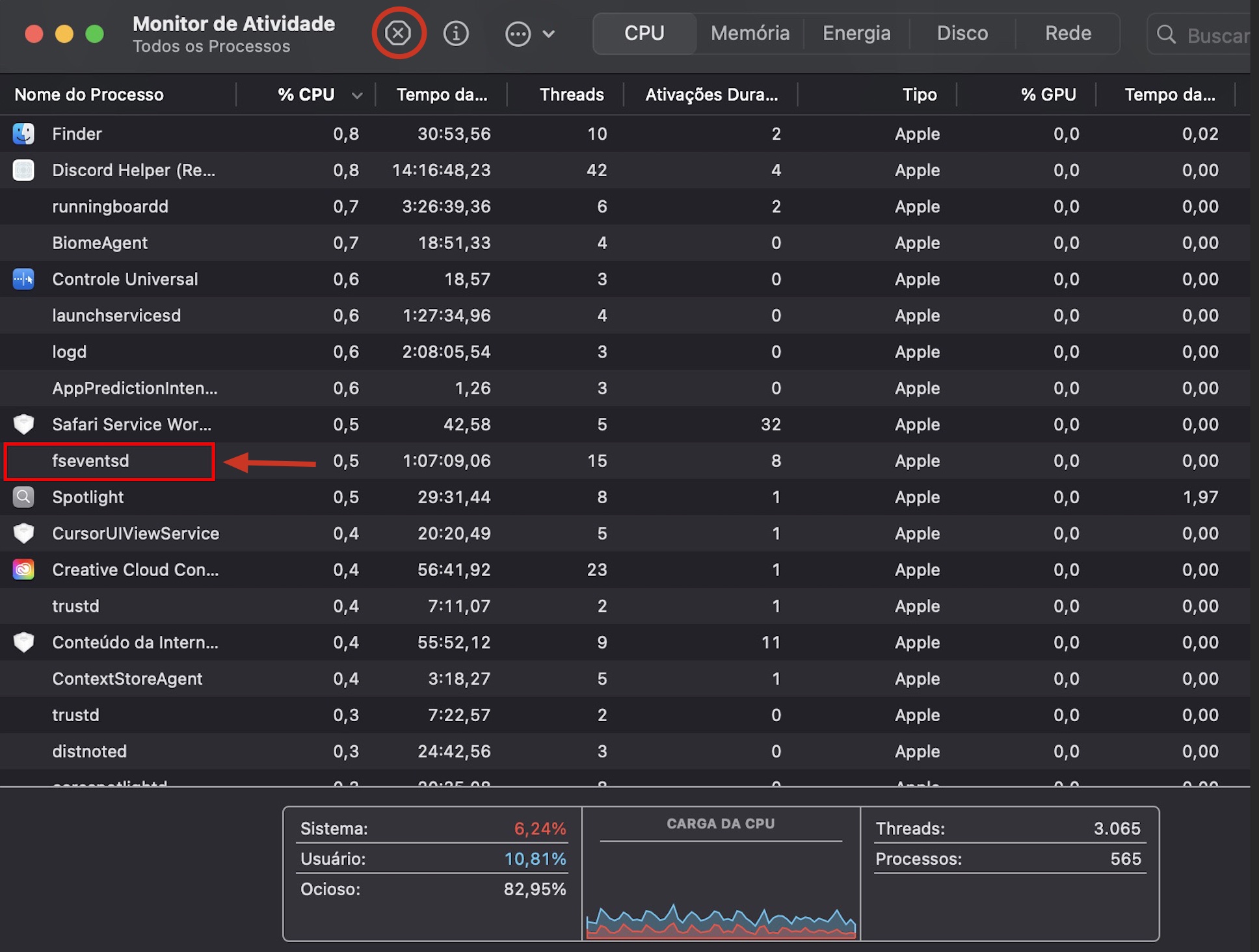 Uma lista de processos em execução no Monitor de Atividade no Mac. Se você encontrar algo suspeito ao verificar a presença de malware no Mac, selecione o processo e clique em X para encerrá-lo.