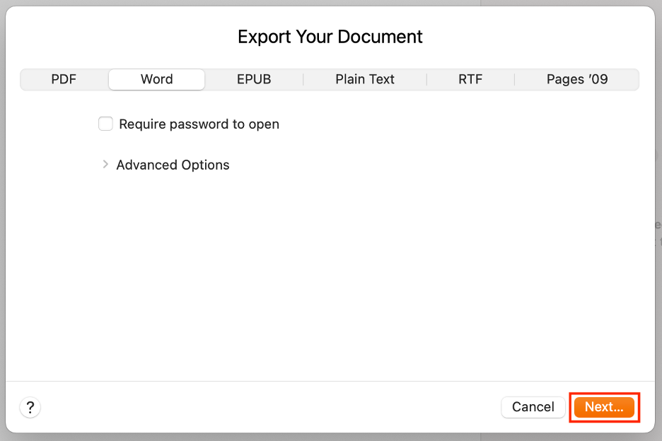 To export your Pages document into a Word format, click Next on your Mac.