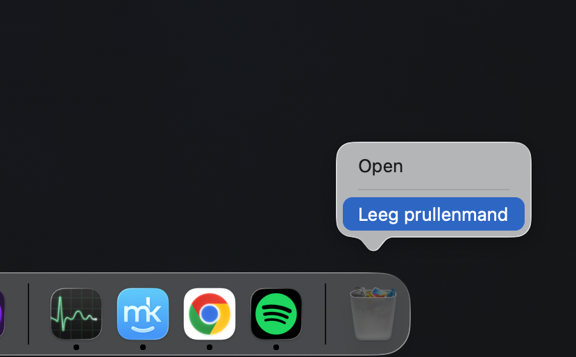 Om je audio .plist-bestanden volledig te verwijderen, moet je de prullenmand legen. Klik met de rechtermuisknop op het prullenmand-icoon in je Dock en kies Leeg prullenmand.