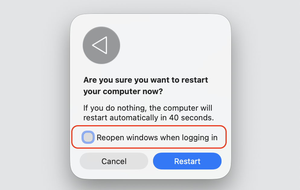 The macOS restart confirmation dialog on an Apple computer, with the Reopen windows when logging in checkbox highlighted for a cleaner start.