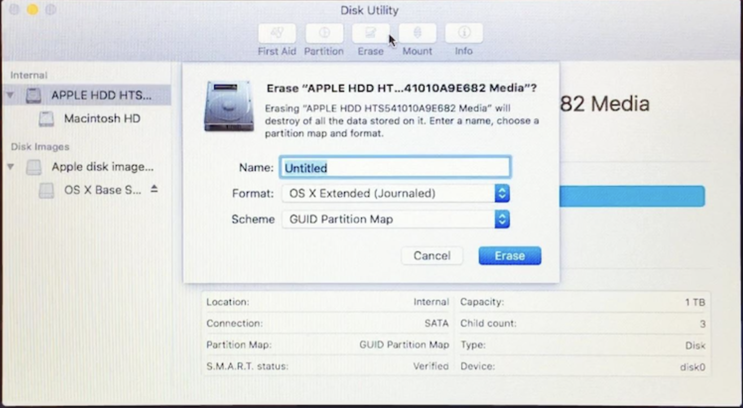 Erasing the Macintosh HD startup disk in Disk Utility on Mac. The process removes the existing OS X install to reset Mac El Capitan.