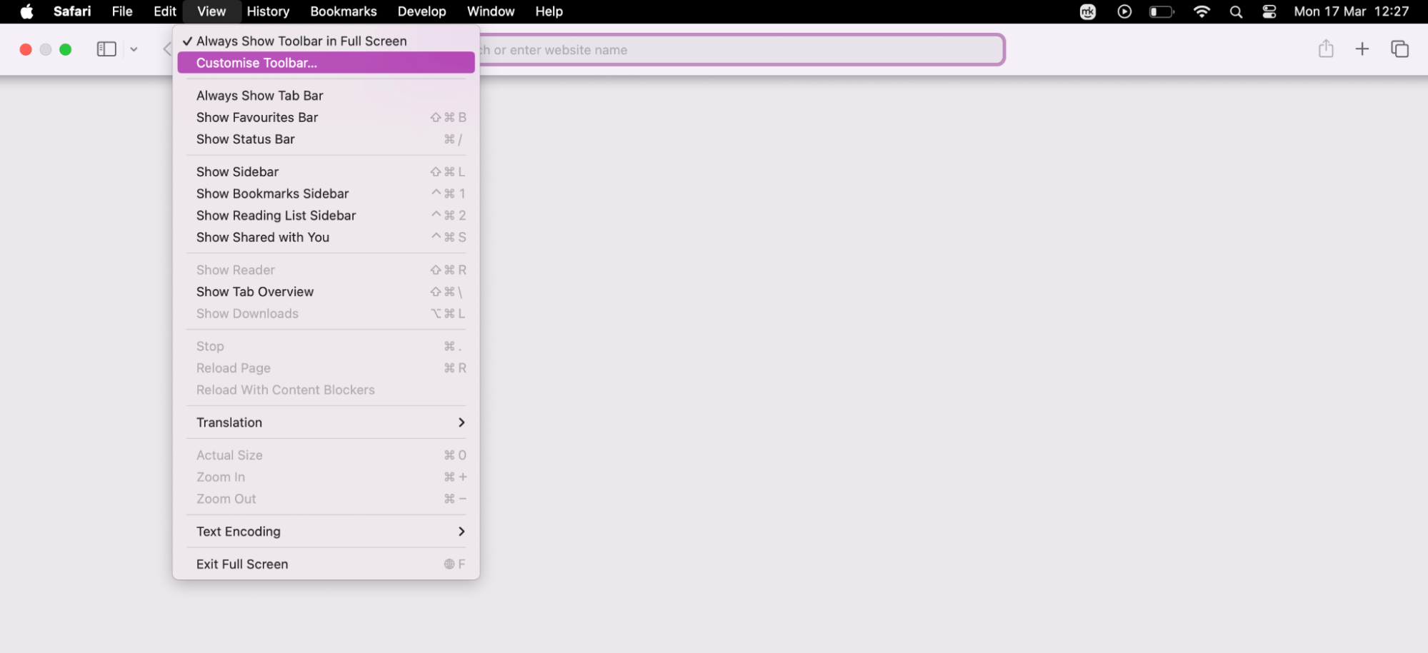 To customize Safari on your Mac, begin by opening up the browsing in a new window/ Then navigate to the left-hand panel menu to find the View option. Once you click on View, you’ll be able to press Customise Toolbar.