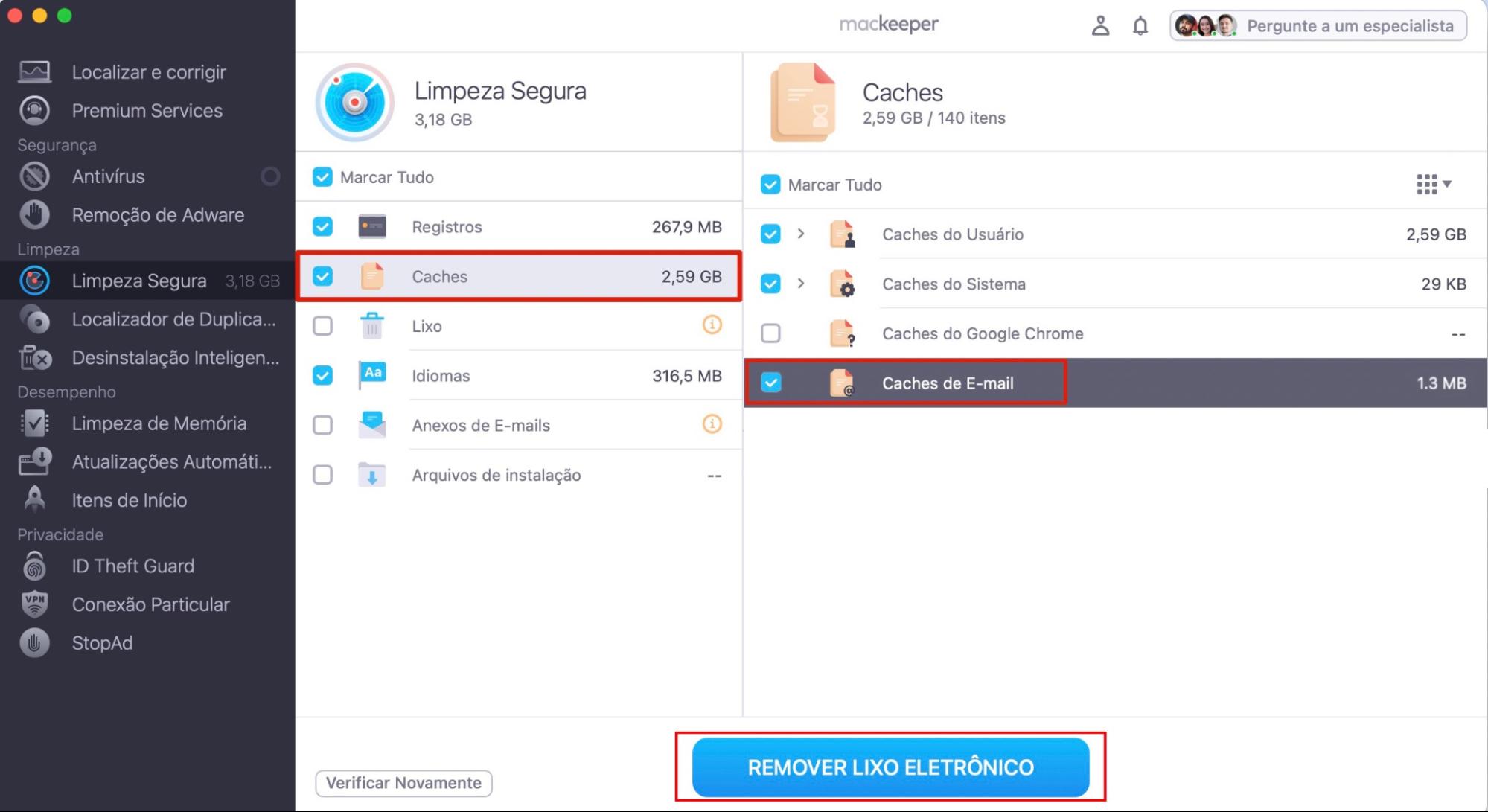Limpeza Segura do MacKeeper após uma análise. Caches de E-mail está destacado, assim como o botão Remover Lixo Eletrônico. Como excluir cache do Mail no Mac usando um limpador.
