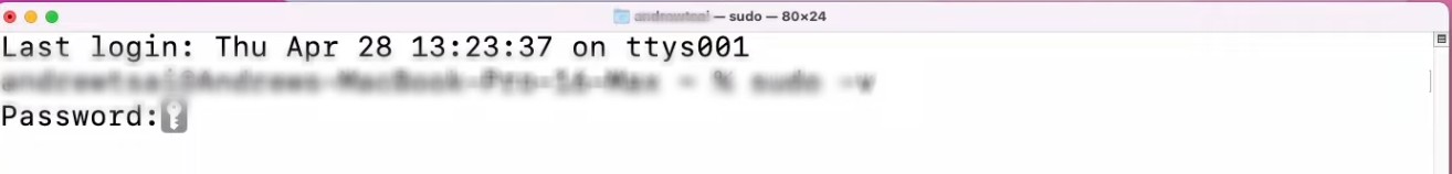A password prompt in Terminal on Mac. Use Terminal to create a new bootable USB drive when macOS Monterey cannot be installed on Macintosh HD.
