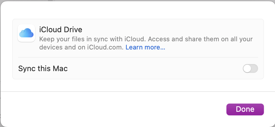 Once you've chosen which app you want iCloud to sync with, you'll be asked to turn on Sync the Mac.