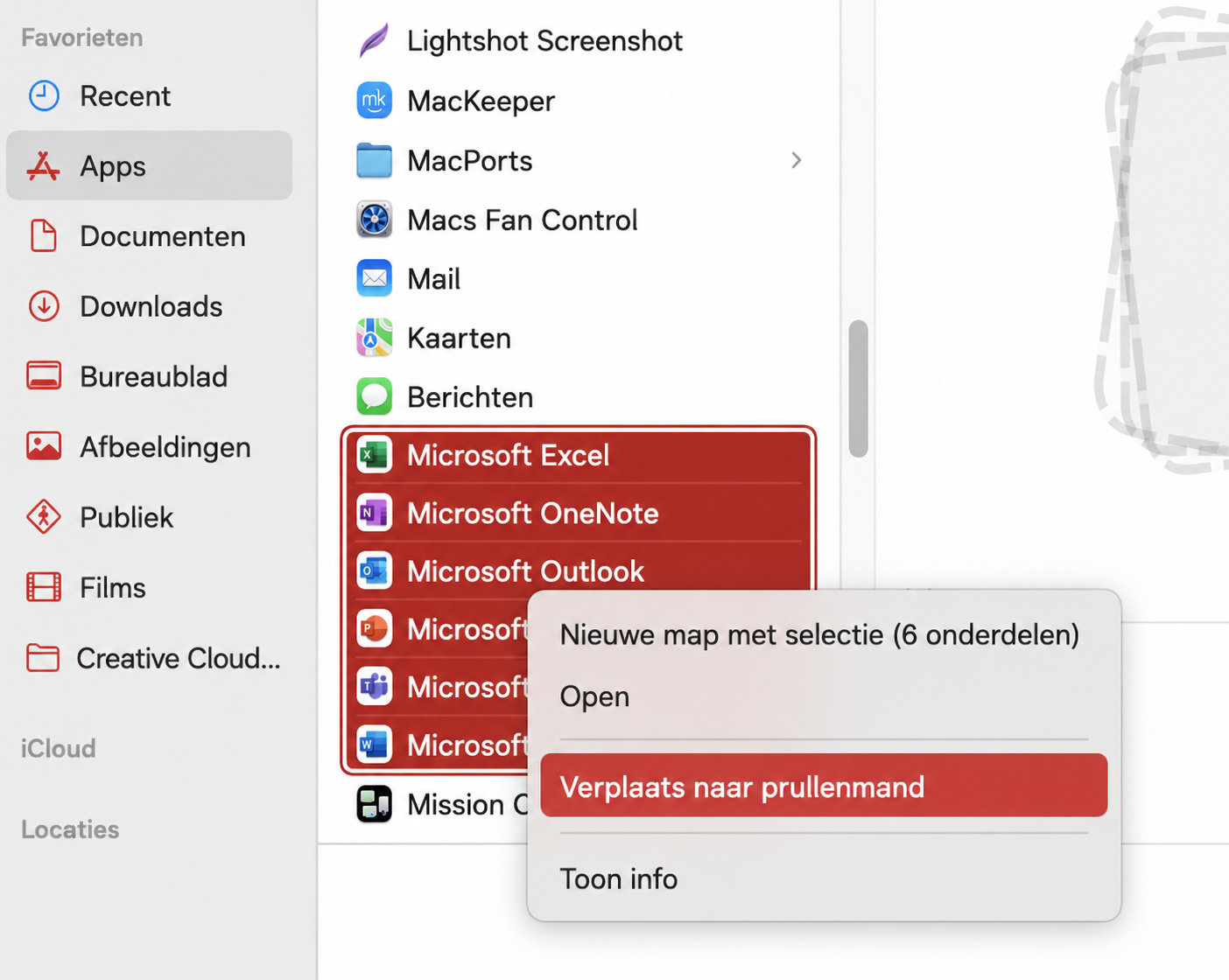 Ga nu naar uw map Apps en zoek uw Microsoft-apps. Selecteer ze allemaal en verwijder ze van uw Mac.