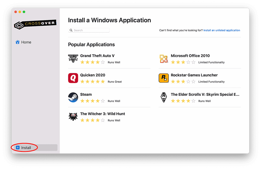 The CrossOver app is opened on a MacBook with popular apps displayed. Choose Install to run Marvel Rivals on Mac using CrossOver.