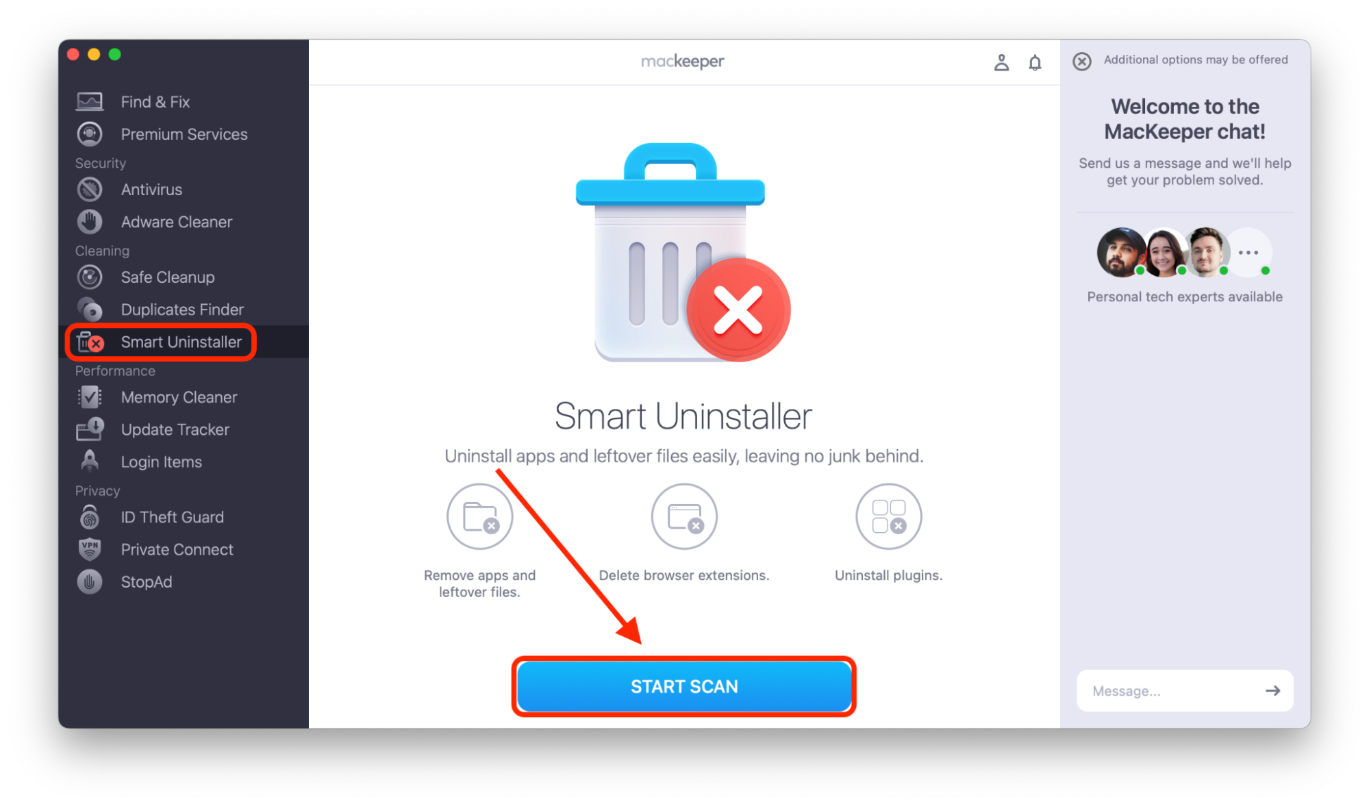 The MacKeeper application shows the Smart Uninstaller feature selected and highlighted in red in the left sidebar under the Cleaning section. Click START SCAN button to initiate the cleaning process.