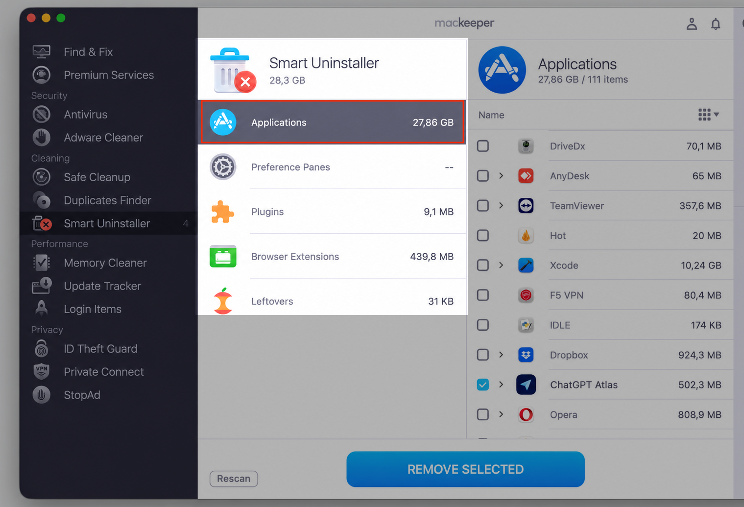 The Smart Uninstaller in MacKeeper on an iMac with the Applications category selected and ChatGPT Atlas ticked in the list.