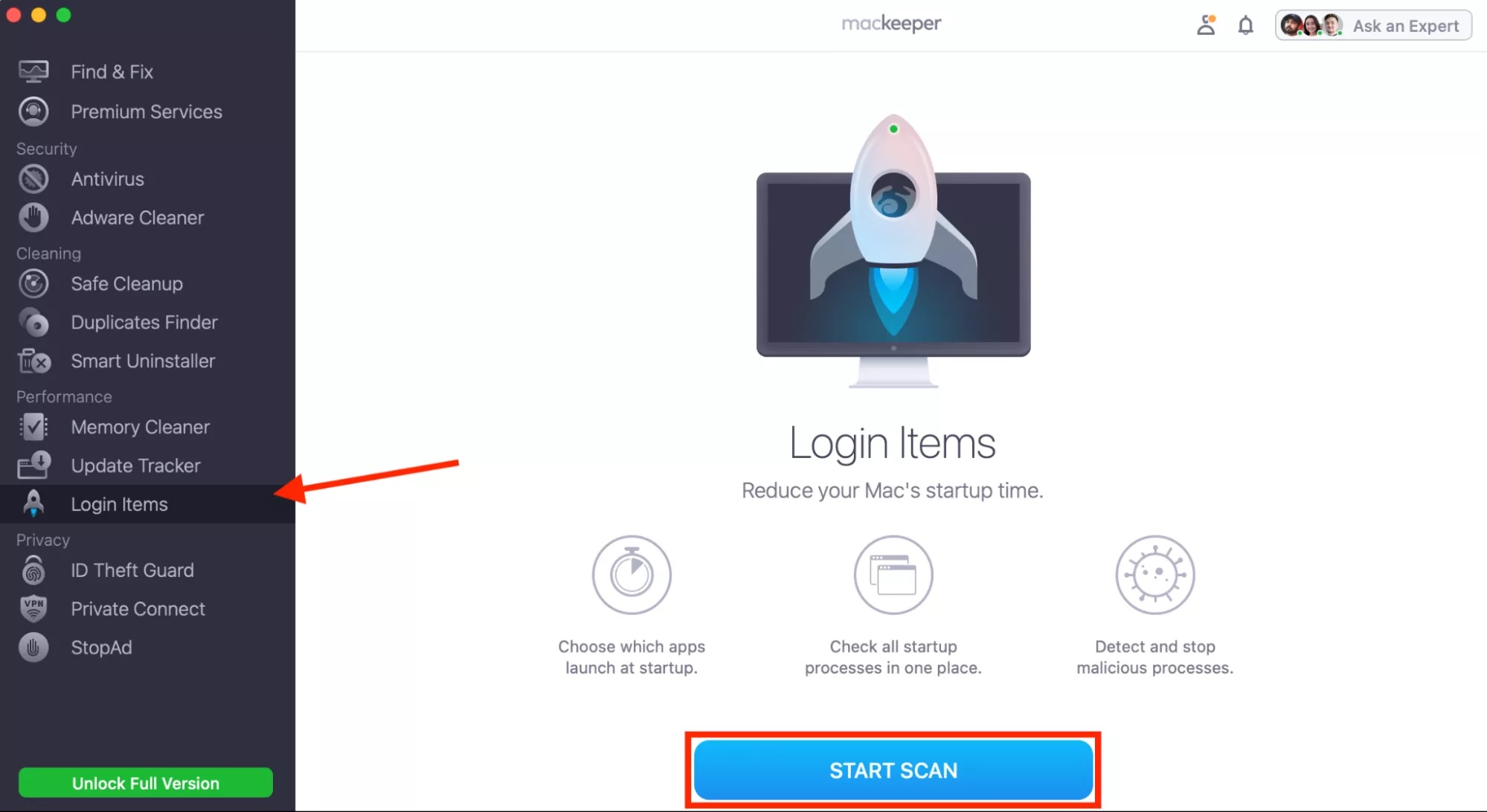 With MacKeeper's Login Items tool, you can choose which apps and background processes automatically start with macOS. Select it from the side menu, and click 'Start Scan'.