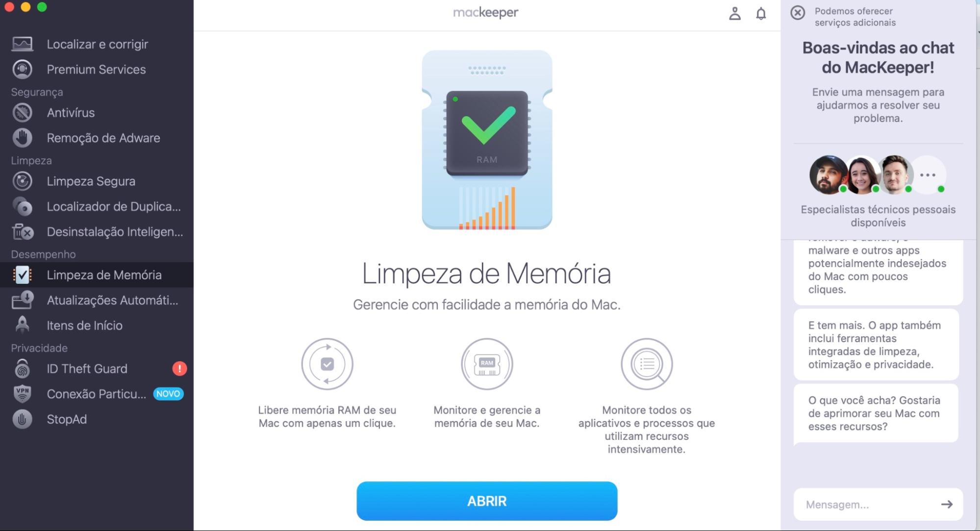 Para manter a temperatura normal do seu Mac, limpe a RAM. Para isso, use a Limpeza de Memória do MacKeeper. Abra o MacKeeper, selecione Limpeza de Memória e clique em Abrir.