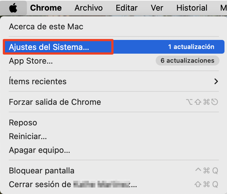 El menú Apple en un Mac, con Ajustes del Sistema seleccionado. Cómo arreglar servicio de cuentas quiere usar el llavero de inicio de sesión.