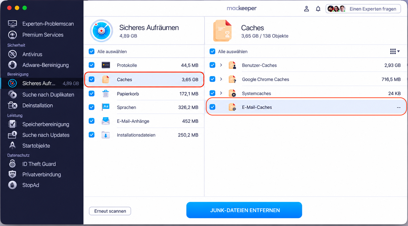 Sicheres Aufräumen von MacKeeper nach einem Scan. E-Mail-Caches ist hervorgehoben sowie die Schaltfläche Junk-Dateien löschen.
