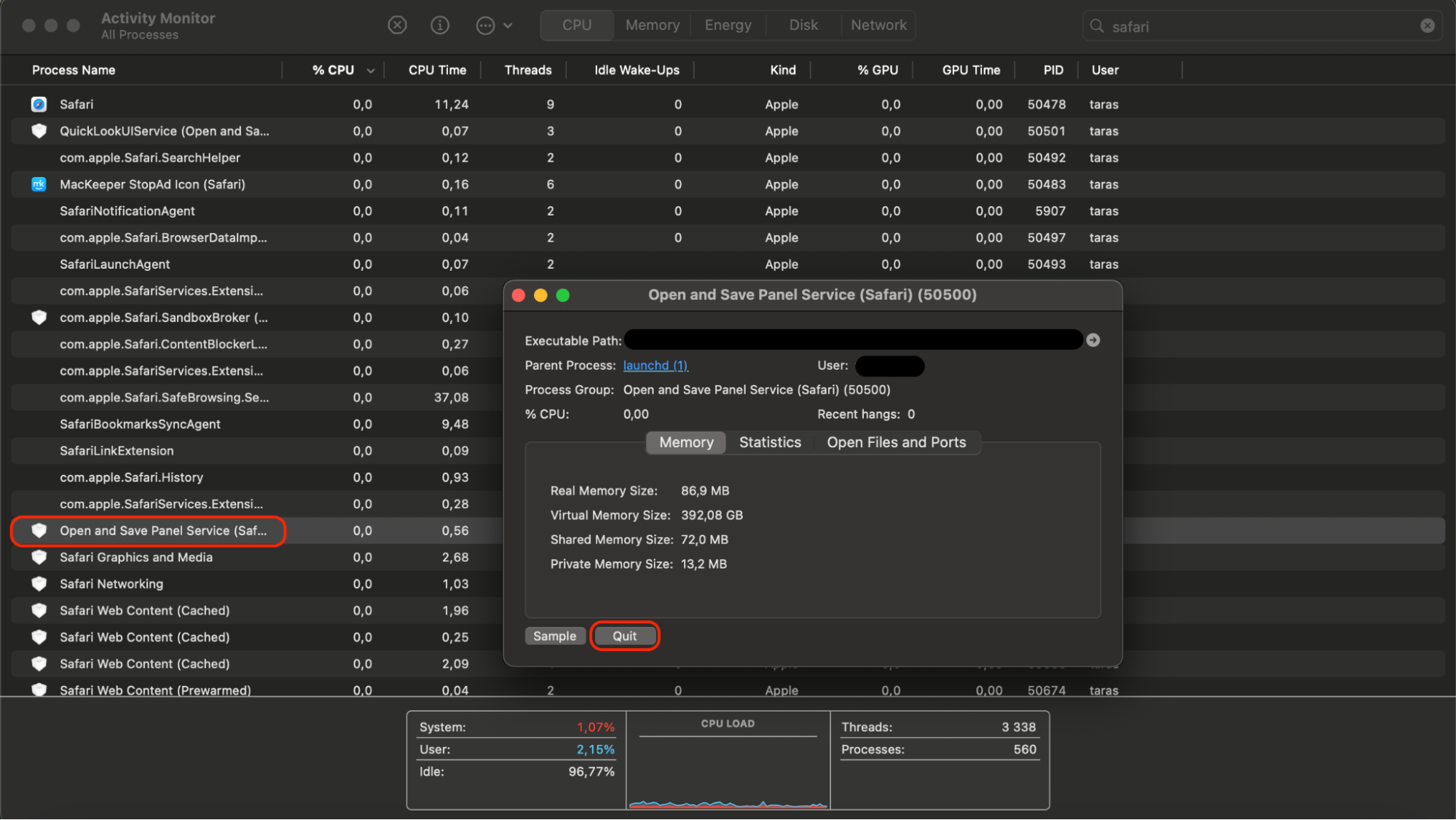 Look for Safari processes with unusually high usage and Quit or Force Quit those repeatedly causing spikes to stop unnecessary CPU load and cool your Mac.
