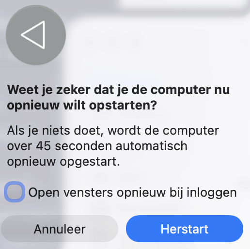Vóórdat macOS opnieuw wordt opgestart, wordt je gevraagd of je de vensters opnieuw wilt openen bij het opnieuw inloggen. Maak je keuze en klik op Herstart.
