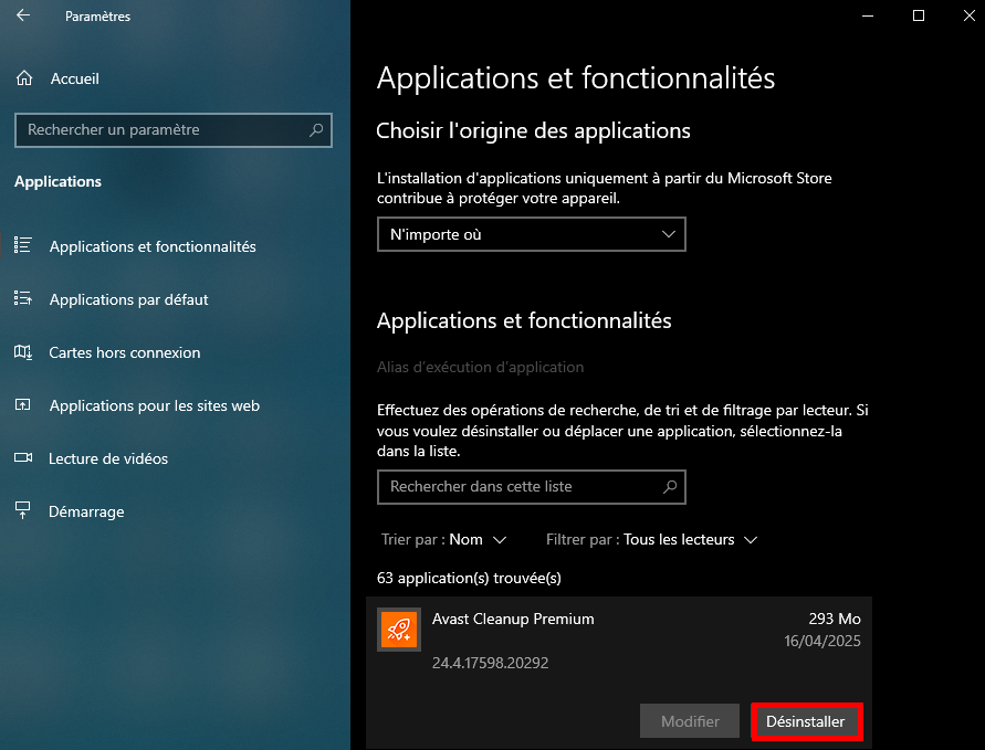 Pour supprimer l'application Avast, localisez Rechercher sur cette liste dans la fenêtre Applications et fonctionnalités puis cliquez sur Désinstaller. Pour supprimer l'application Avast, localisez Rechercher sur cette liste dans la fenêtre Applications et fonctionnalités puis cliquez sur Désinstaller.