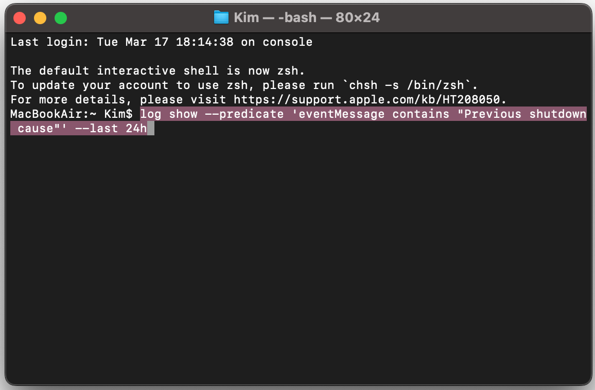 Per controllare i codici di errore usando Terminale, digita il seguente comando: log show --predicate 'eventMessage contains Previous shutdown cause' --last 24h, poi premi Invio.