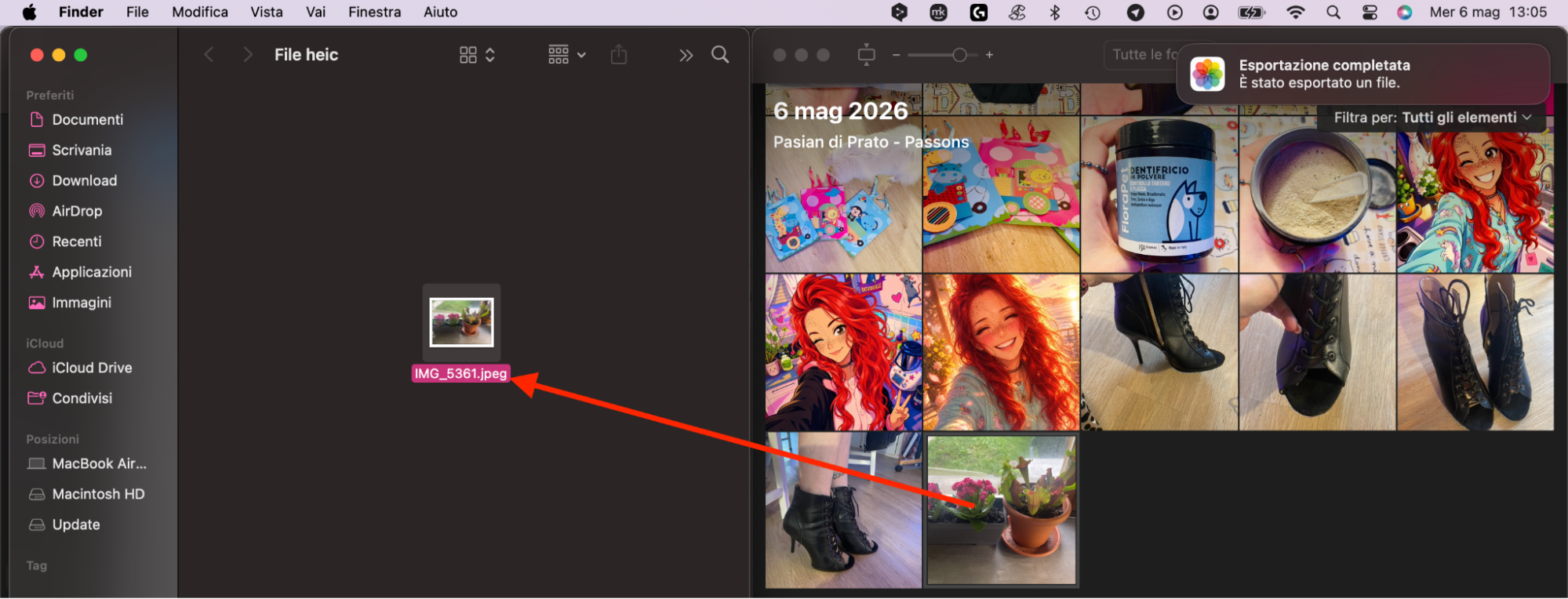 Converti facilmente le tue immagini da HEIC a JPG importandole nell’app Foto. Da qui, puoi poi trascinarle e rilasciarle nel Finder. Diventeranno automaticamente file JPG.