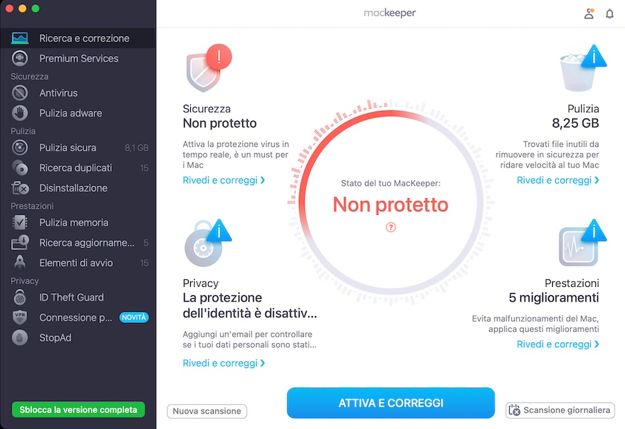 Ricerca e Correzione di MacKeeper ha completato la scansione. Controlla i miglioramenti consigliati e clicca su Correggi elementi in sicurezza.