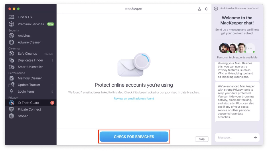 To safeguard your online data on Mac, click Check for Breaches.