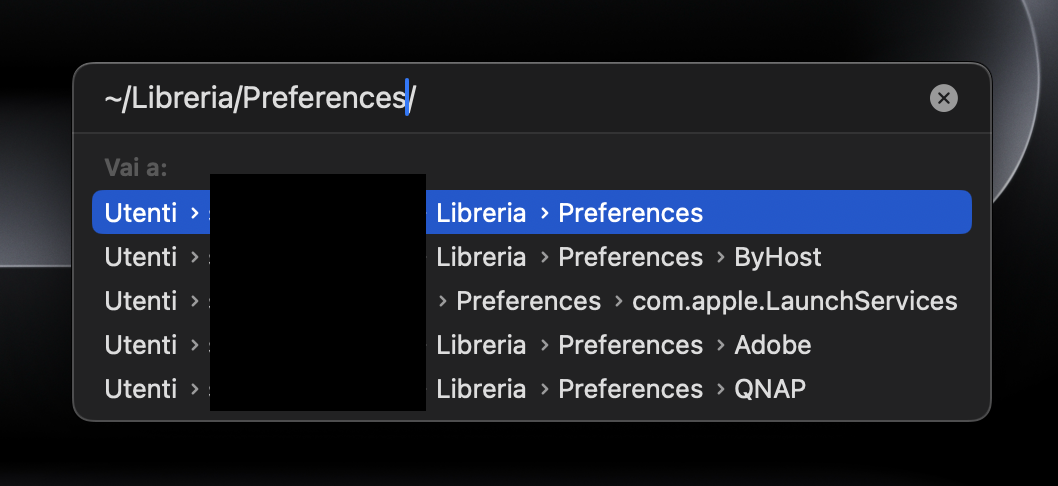 Reimposta i file con un elenco delle proprietà del mouse. Inserisci ~/Libreria/Preferenze nella casella di testo e clicca su Vai. Si aprirà la cartella delle preferenze.