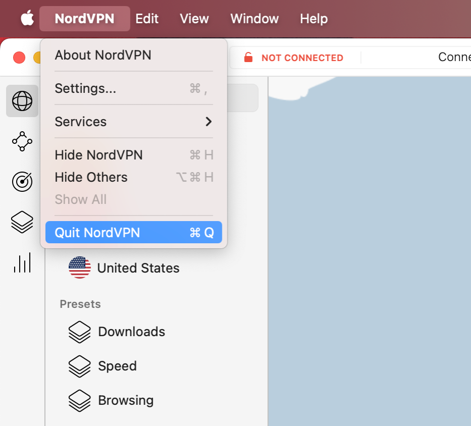 To uninstall VPN on Mac, start by selecting the VPN icon in your Dock, then select Quit from the menu bar.