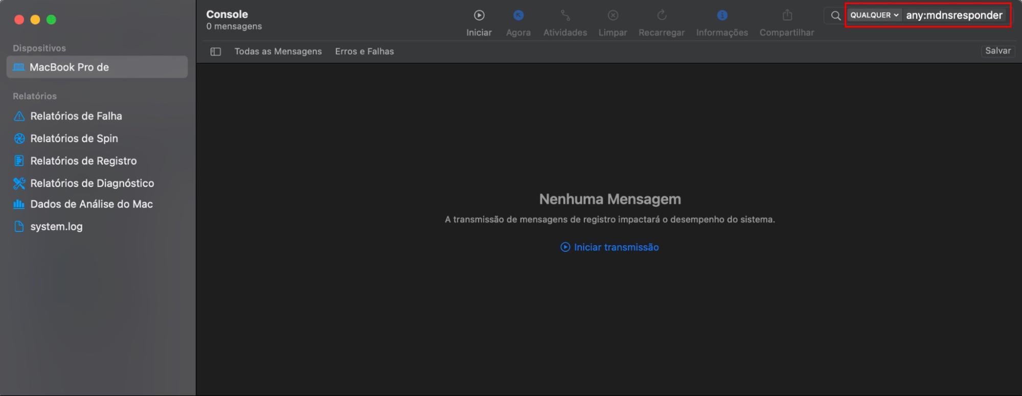 Para ver o cache DNS no seu Mac, comece abrindo o aplicativo Console. Digite any:mdnsresponder na barra de busca e pressione a tecla Enter.