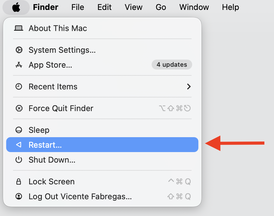Apple menu on a MacBook with Restart chosen after the scan, refreshing services to confirm codesign high CPU has settled on macOS.
