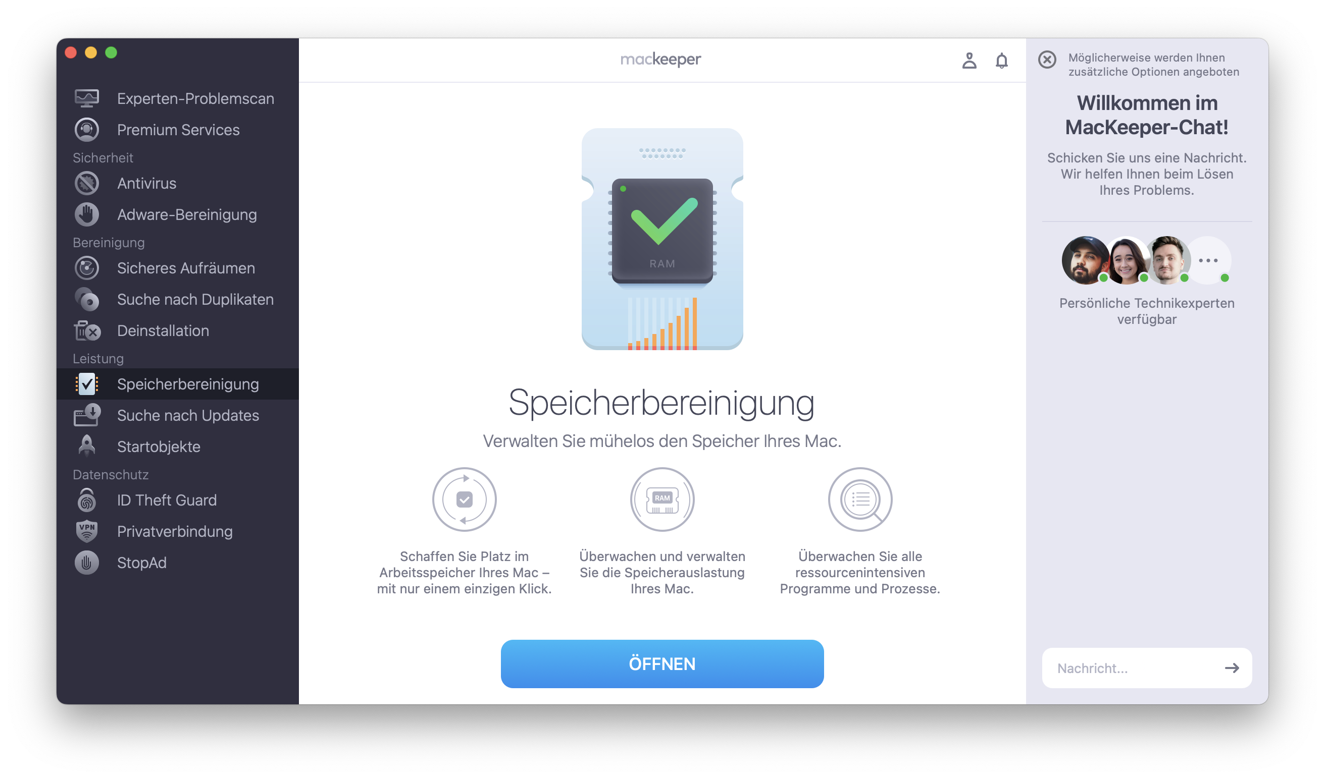 Um Ihren Mac zu optimieren, leeren Sie den Speicher. Verwenden Sie dazu Speicherbereinigung von MacKeeper. Starten Sie unsere App, wählen Sie Speicherbereinigung und tippen Sie auf Öffnen.