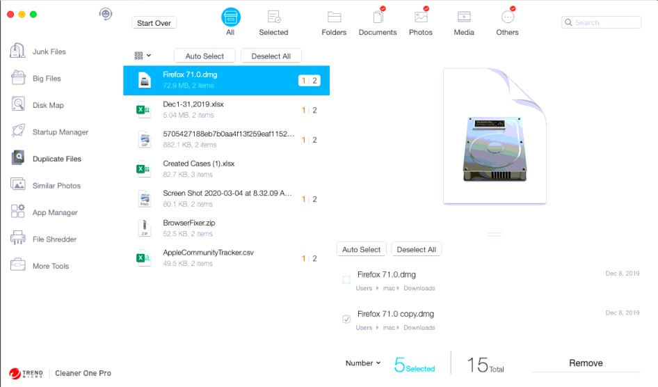 From Duplicate Files, pick the folders or drives to scan, hit Start, and work through the identical copies before removing them from your Mac.