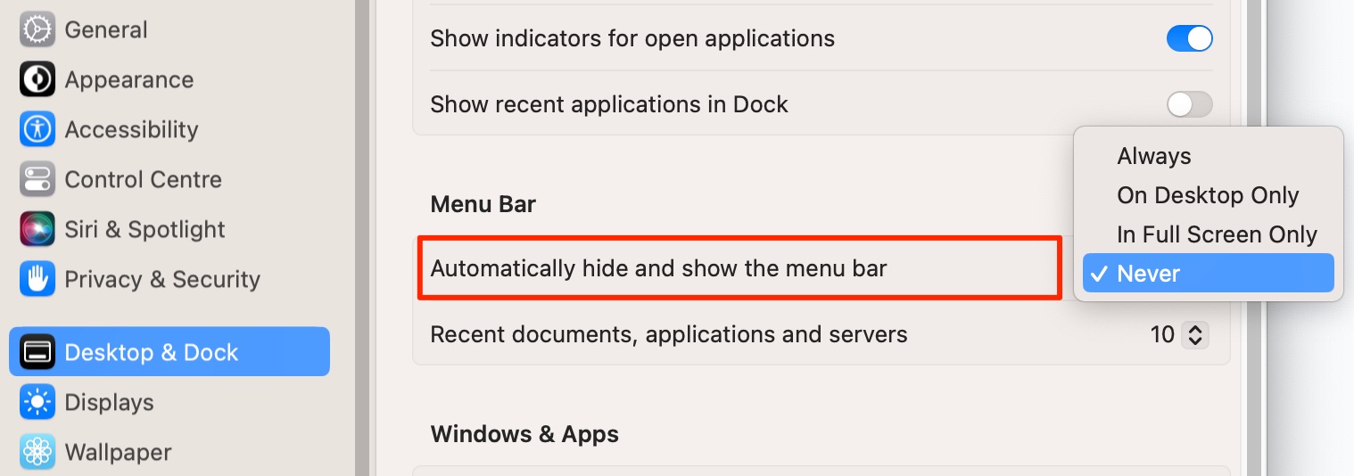 Accédez aux paramètres de la barre de menus macOS en sélectionnant Bureau et Dock dans les paramètres système. Sélectionnez Jamais dans le menu déroulant qui s'affiche. Accédez aux paramètres de la barre de menus macOS en sélectionnant Bureau et Dock dans les paramètres système. Sélectionnez Jamais dans le menu déroulant qui s'affiche.